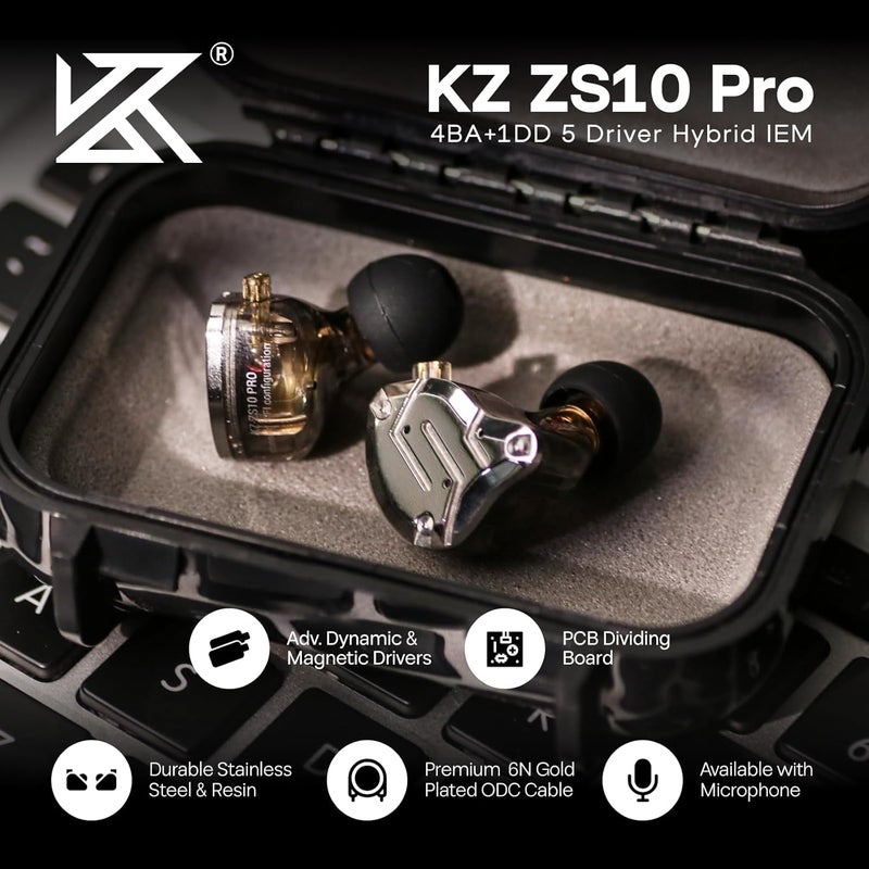 Linsoul KZ ZS10 Pro HiFi Wired Earbuds, 4BA+1DD Hybrid Driver Gaming Earphones with Stainless Steel Faceplate - Image 2