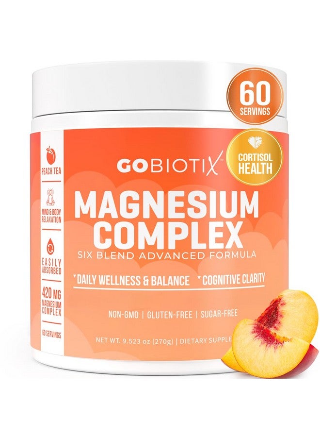 GoBiotix Magnesium Glycinate Powder - Cortisol Supplement for Women and Men - High Absorption Magnesium Complex Calm Supplement with Citrate, Malate - Sugar Free - 420 mg, 60 Servings, Peach Tea - Image 1