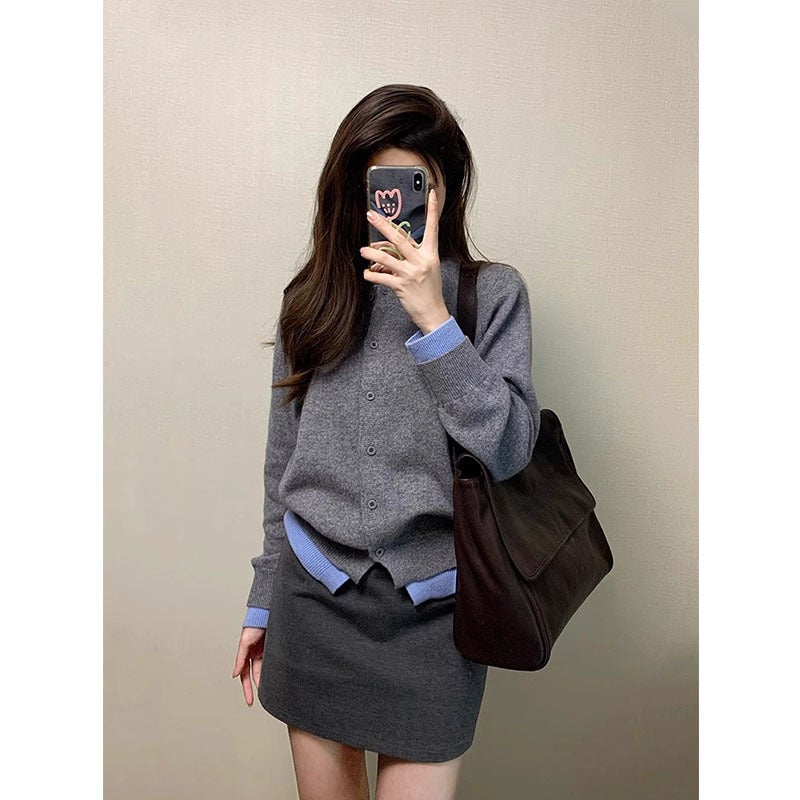 Womens Spring 2024 New Korean-Style Age-Reducing Grey Knitted Cardigan Jacket High-Waisted Slimming Skirt Set Cardigan jacket single piece