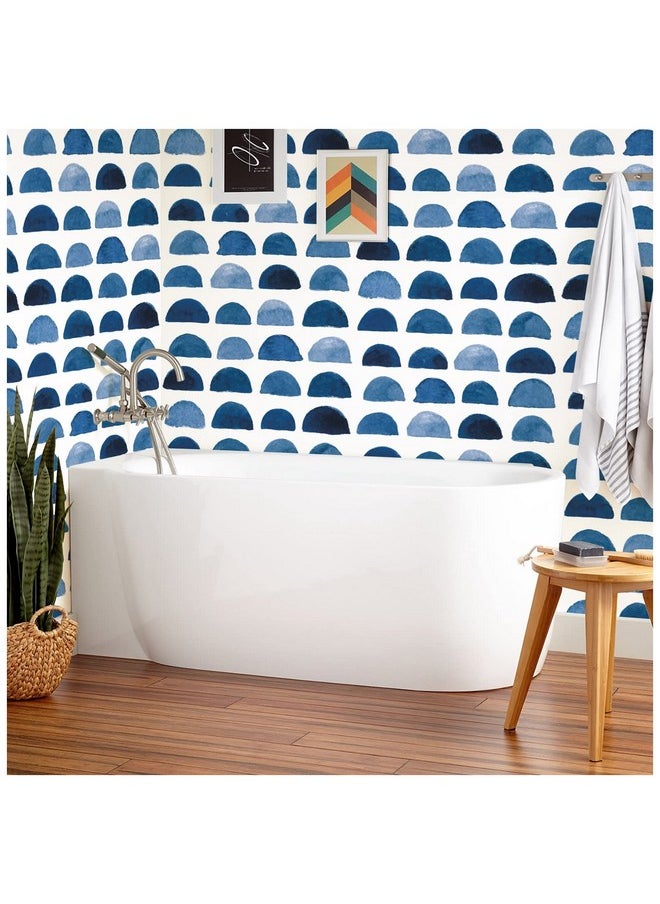 HAOKHOME 960981 Watercolor Brush Strokes Scallop Boho Peel And Stick Wallpaper Removable Indigo Blue/White Vinyl Self Adhesive Mural 17.7In X 9.8Ft  - Image 4