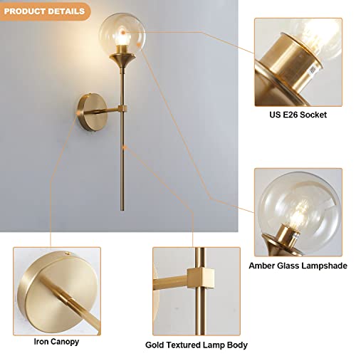 KCO Lighting Brushed Brass Gold Wall Mounted Sconce Mid Century Modern Wall Light Fixture Vintage Long Wall Lamp Amber Glass Wall Sconce Lighting Globe Round Wall Light (Amber) - Image 3