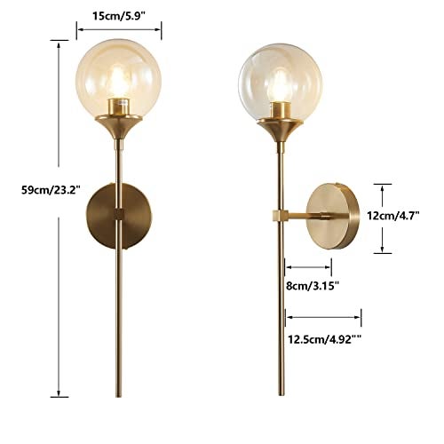 KCO Lighting Brushed Brass Gold Wall Mounted Sconce Mid Century Modern Wall Light Fixture Vintage Long Wall Lamp Amber Glass Wall Sconce Lighting Globe Round Wall Light (Amber) - Image 2