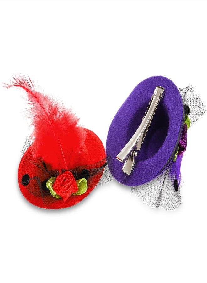 ديايو مجموعة دي آي يو المكونة من 18 مشبك قبعة صغير، قبعات حفلات شاي مقاس 2 بوصة للفتيات والسيدات، مشبك شعر صغير على شكل قبعة علوية، دبوس شعر مزين بزهور من الشريط وريش صناعي كإكسسوار للأزياء والديكور، 6 ألوان - Image 3