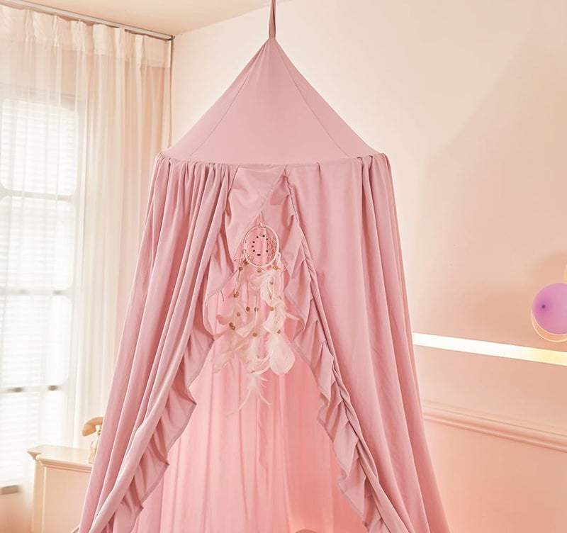 Mengersi Bed Canopy for Girls,Ruffled Canopy Bed Curtains Canopy for Girls Room,Hanging Canopy Princess Play Tent for Reading Nook Play Room Decor (Beige Pink) - Image 4