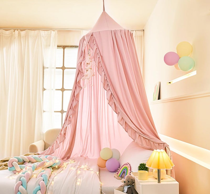 Mengersi Bed Canopy for Girls,Ruffled Canopy Bed Curtains Canopy for Girls Room,Hanging Canopy Princess Play Tent for Reading Nook Play Room Decor (Beige Pink) - Image 3