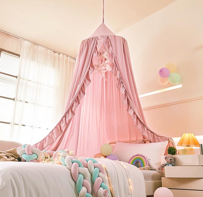 Mengersi Bed Canopy for Girls,Ruffled Canopy Bed Curtains Canopy for Girls Room,Hanging Canopy Princess Play Tent for Reading Nook Play Room Decor (Beige Pink) - Image 2