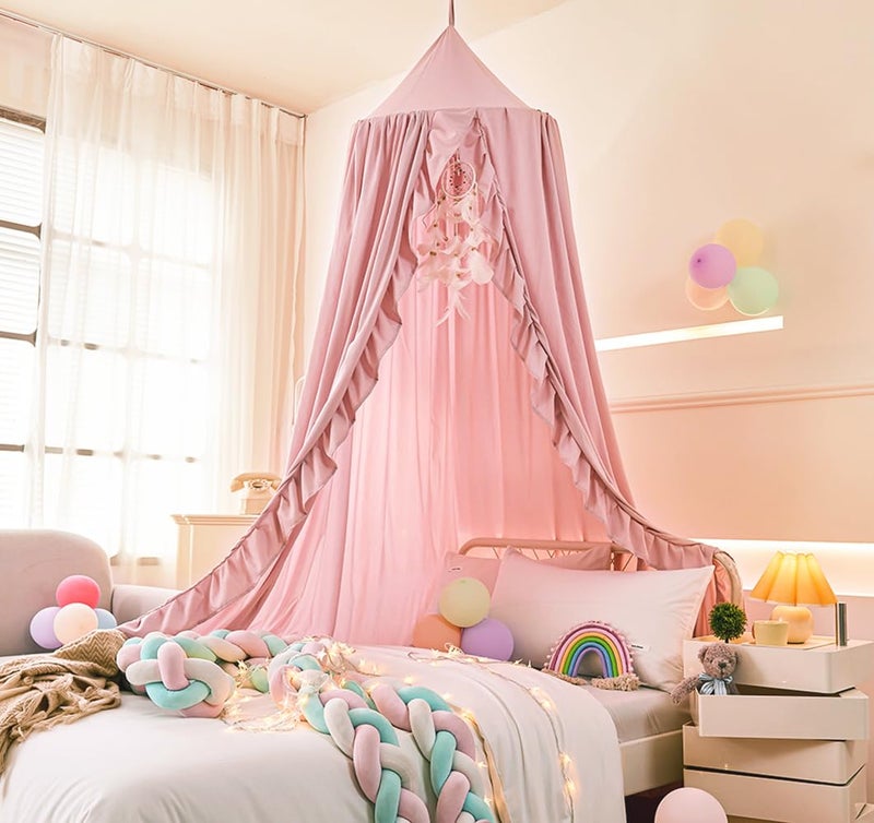 Mengersi Bed Canopy for Girls,Ruffled Canopy Bed Curtains Canopy for Girls Room,Hanging Canopy Princess Play Tent for Reading Nook Play Room Decor (Beige Pink) - Image 1