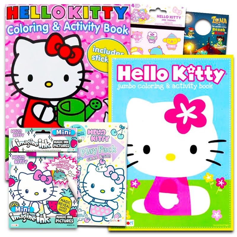 Hello Kitty مجموعة كتب تلوين ونشاط هالو كيتي الفائقة ~ 5 كتب تلوين هالو كيتي، أقلام تلوين، وأكثر من 50 ملصق هالو كيتي (حزمة حفلة هالو كيتي) - Image 1