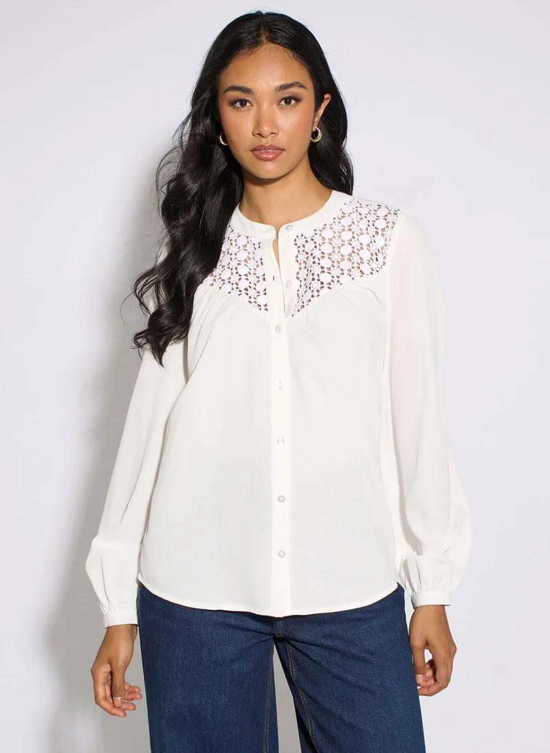 White Long Sleeve Broderie Cotton Top Blouse
