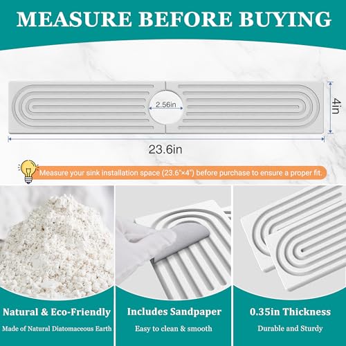 MAGKOTA Stone Faucet Mat for Kitchen Sink - Quick Dry Diatomite Sink Splash Guard, Prevents Moisture Buildup & Water Stains, Water Absorbing Stone Tray for Bathroom Countertop (White, 23.6" x 4") - Image 3