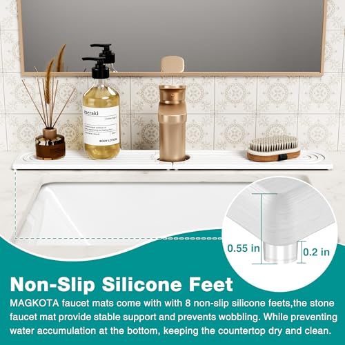 MAGKOTA Stone Faucet Mat for Kitchen Sink - Quick Dry Diatomite Sink Splash Guard, Prevents Moisture Buildup & Water Stains, Water Absorbing Stone Tray for Bathroom Countertop (White, 23.6" x 4") - Image 5