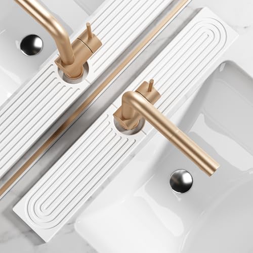 MAGKOTA Stone Faucet Mat for Kitchen Sink - Quick Dry Diatomite Sink Splash Guard, Prevents Moisture Buildup & Water Stains, Water Absorbing Stone Tray for Bathroom Countertop (White, 23.6" x 4") - Image 1