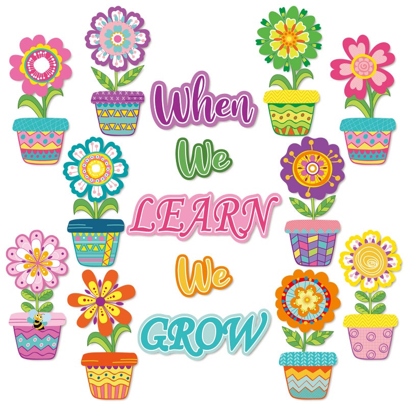 Whaline 45Pcs Sping Flower CutOuts Bulletin Board Decor Colorful Potted Floral When We Learn When We Grow Cutouts Springtime Classroom Decor with 100 Pcs Glue Points for School DIY Projects