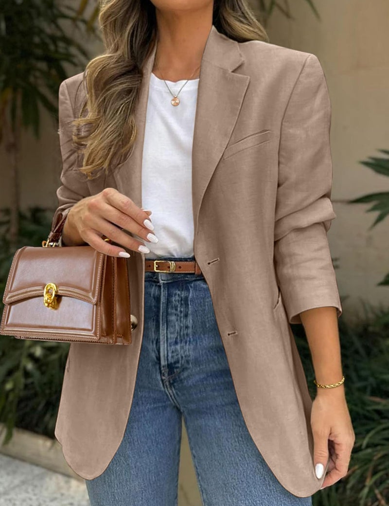 FSVABY Womens Casual Work Office Blazer Jacket Long Sleeve Lightweight Open Front Two Button Suit Blazer with Pockets (Khaki, Medium) - Image 3