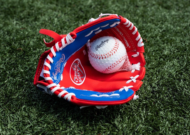 Rawlings راولينغز | سلسلة اللاعبين قفاز تي-بول وقاعدة للشباب | رمي باليد اليمنى | 9" | أحمر/أزرق مع كرة - Image 5