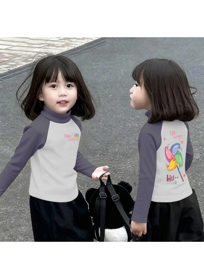 Girls' Thermal Base Layer Top Autumn And Winternew Style For Older Children, Half Turtleneck, Warm Inner Layer, Color-blocking Long Sleeves