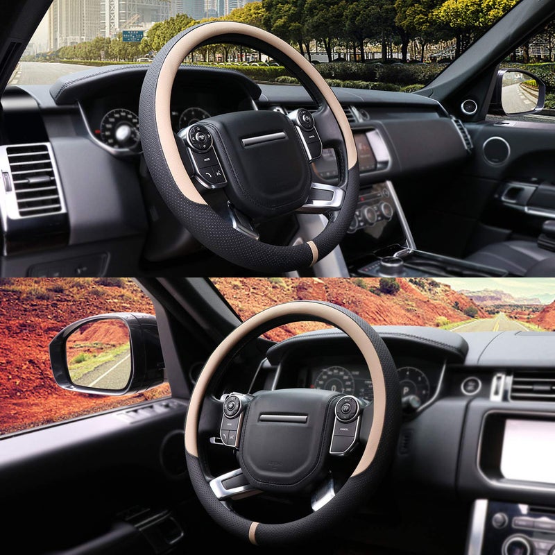 COFIT Breathable Car Steering Wheel Cover 16 inch Auto Universal Leather Wrap Non-Slip Steeringwheel Protector Automotive Interior Accessories, Beige (Suit for 15.5-16 inch) - Image 2