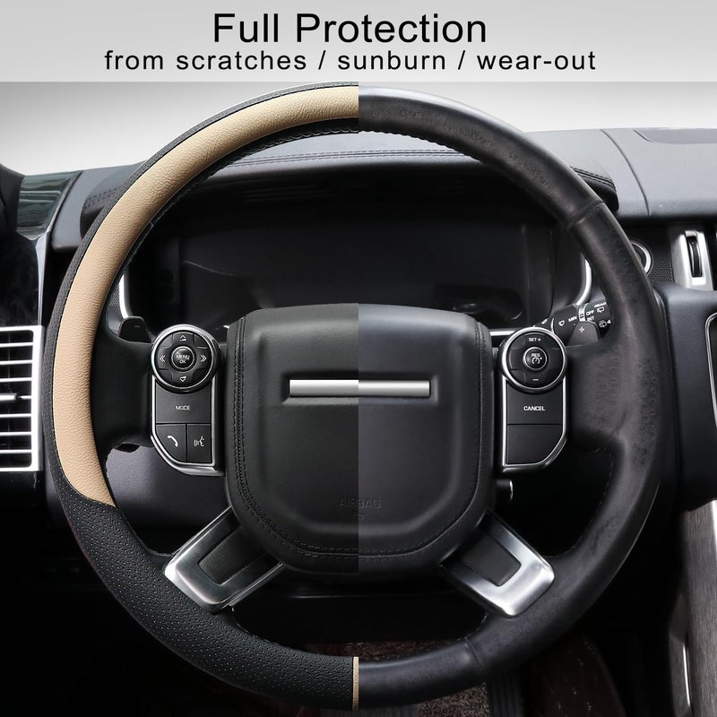 COFIT Breathable Car Steering Wheel Cover 16 inch Auto Universal Leather Wrap Non-Slip Steeringwheel Protector Automotive Interior Accessories, Beige (Suit for 15.5-16 inch) - Image 5