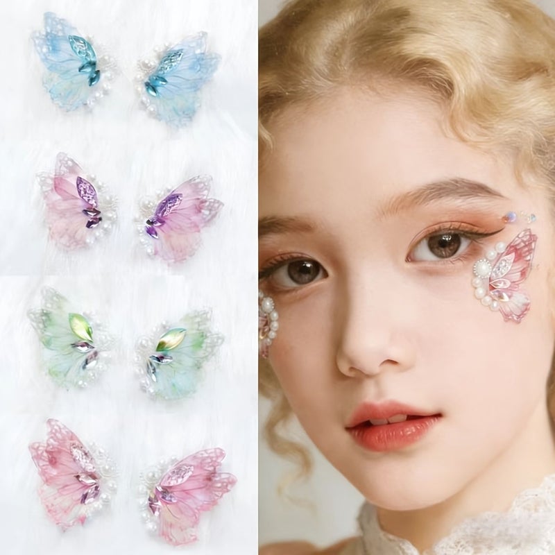 Blue Butterfly Pearl Mesh Self-Adhesive Face Stickers for Stage Makeup Eye Decor - Image 1