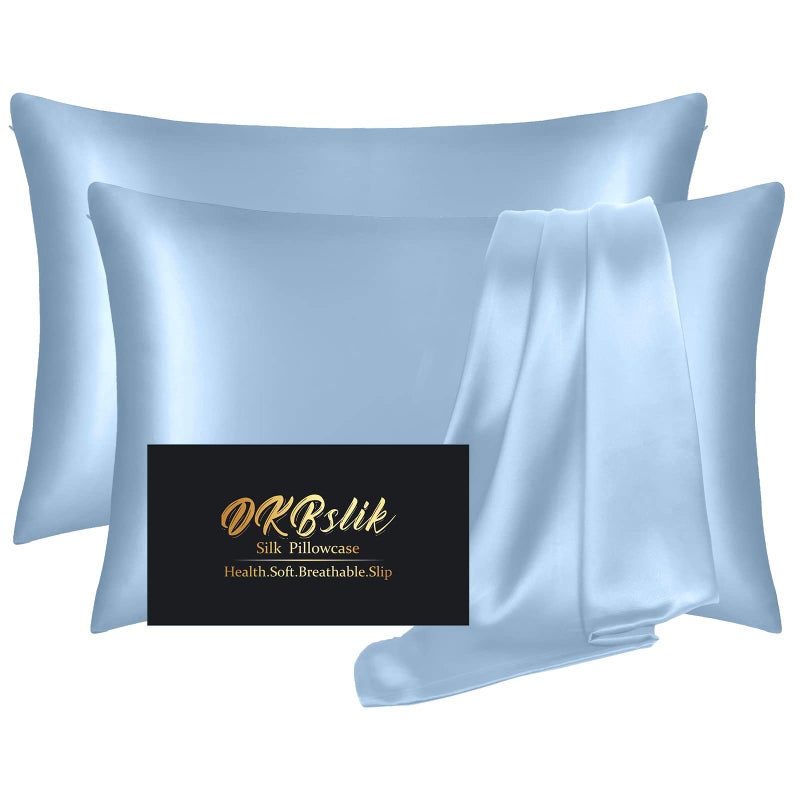Silk Pillow Cases 2 Pack Mulberry Silk Pillowcases Standard Set of 2 Health Anti AcneBeauty Sleep Both Sides Natural Silk Satin Pillow Cases for Women 2 Pack with Zipper for Gift Haze Blue