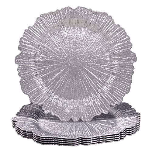 MAONAME Round 13" Silver Charger Plates, Reef Plate Chargers Set of 6, Plastic Table Chargers for Dinner Plates, Wedding, Thanksgiving, Christmas - Image 1