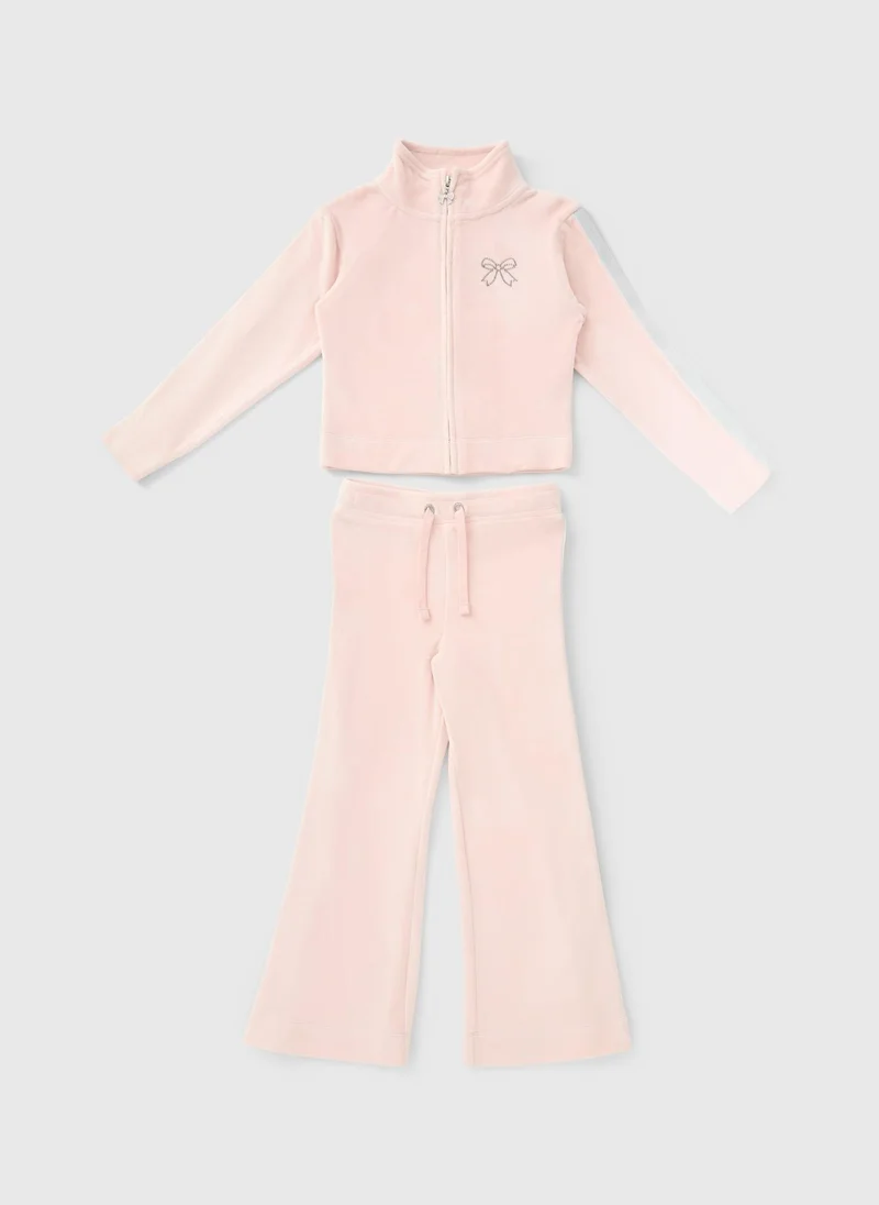 Matalan Girls Pink Velour Zip Bow & Jogging Bottoms Set