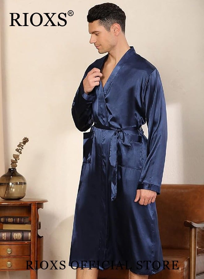 RIOXS Mens Long Robe,Comfortable Silky Satin Sleepwear,Long Sleeve Belted Robe For Men,Soft Pajamas,Lightweight Loungewear With Pockets,Classic Long Bathrobe For Four Seasons Wear  - Image 5