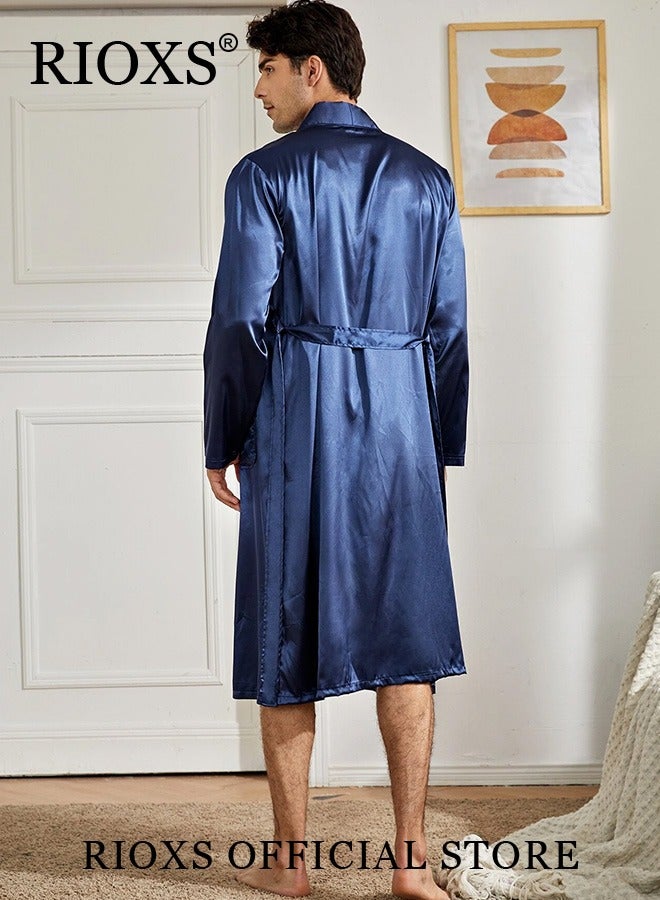 RIOXS Mens Long Robe,Comfortable Silky Satin Sleepwear,Long Sleeve Belted Robe For Men,Soft Pajamas,Lightweight Loungewear With Pockets,Classic Long Bathrobe For Four Seasons Wear  - Image 2