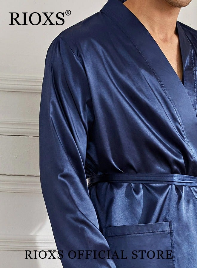 RIOXS Mens Long Robe,Comfortable Silky Satin Sleepwear,Long Sleeve Belted Robe For Men,Soft Pajamas,Lightweight Loungewear With Pockets,Classic Long Bathrobe For Four Seasons Wear  - Image 3