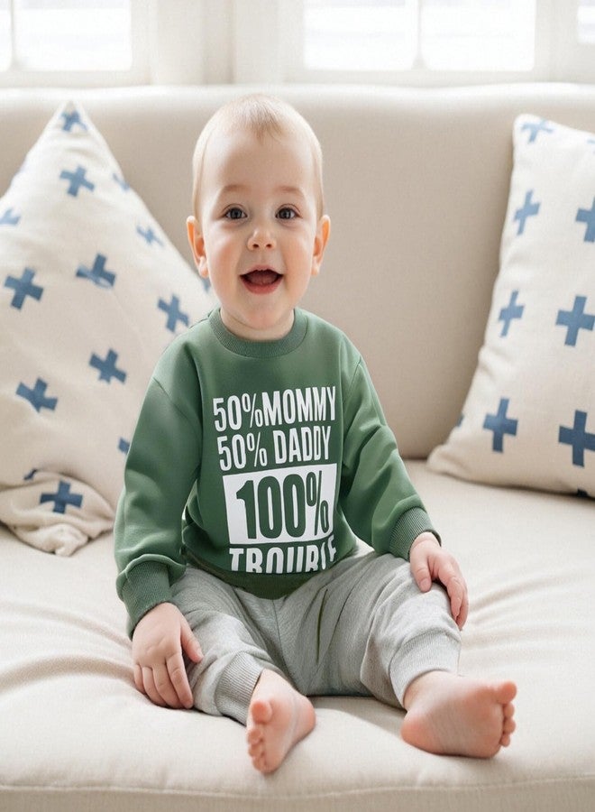 Fernvia طقم ملابس خريفية للأطفال الرضع من فيرنفيا، مقاسات 2T و3T و4T، يتضمن سترة رياضية بأكمام طويلة ورقبة دائرية وبنطال مطبوع عليه حروف (أخضر، 2-3T) - Image 3