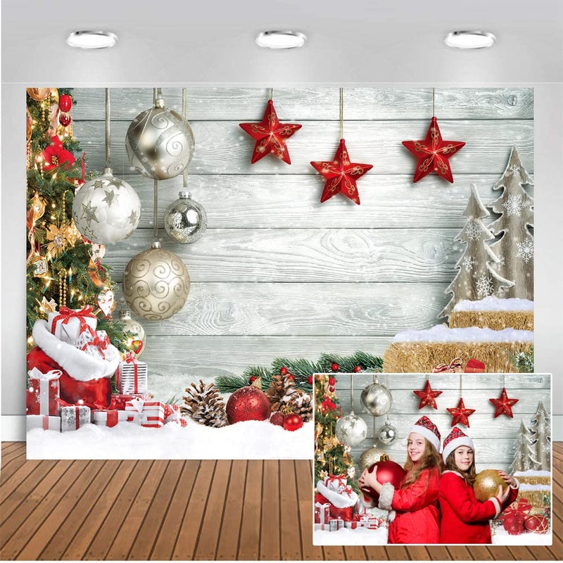 CHAIYA 10X8FT Christmas Backdrop White Wood Floor Photography Backdrop Winter Snow Christmas Balls Xmas Tree Gift Family Party Photo Background New Year Party Decoration