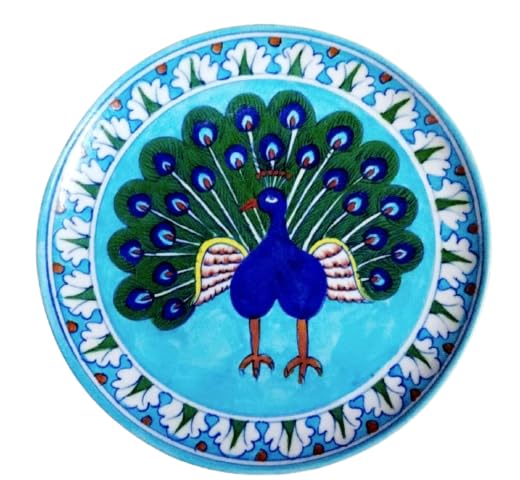 CRAFT PARK Jaipur Blue Pottery Peacock Degisn Home Decor Wall Hanging Handmade PlateServing Plate 25 cm x 25 cm x 3 cm sky blue