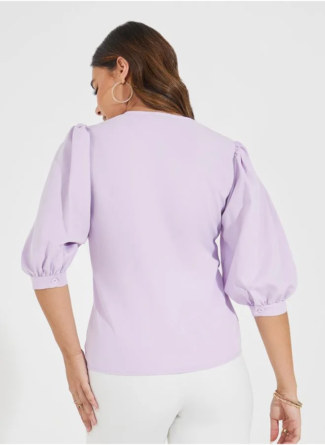 Styli Solid Button Down Blouse with Balloon Sleeves