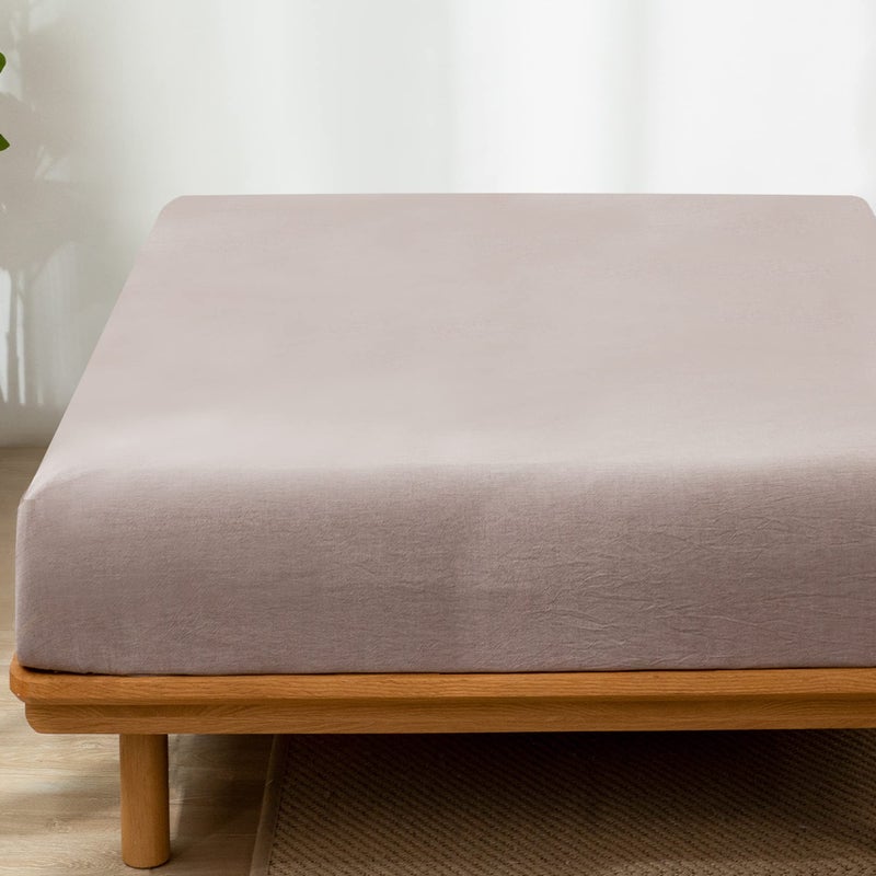 MooMee Fitted Bottom Sheet Only 100% Washed Cotton Linen Like Textured Breathable Durable Soft Comfy Deep Pocket Fits Mattress up to 17"" (Mauve Brown  Twin) - Image 4