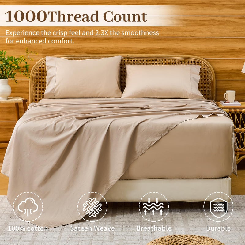 Bedlifes Deep Pocket Sheets 18-24 Inch, Queen Size Egyptian Cotton 1000 Thread Count, 4-Piece - Fits Extra Thick Mattresses, Cooling & Breathable (Linen) - Image 2