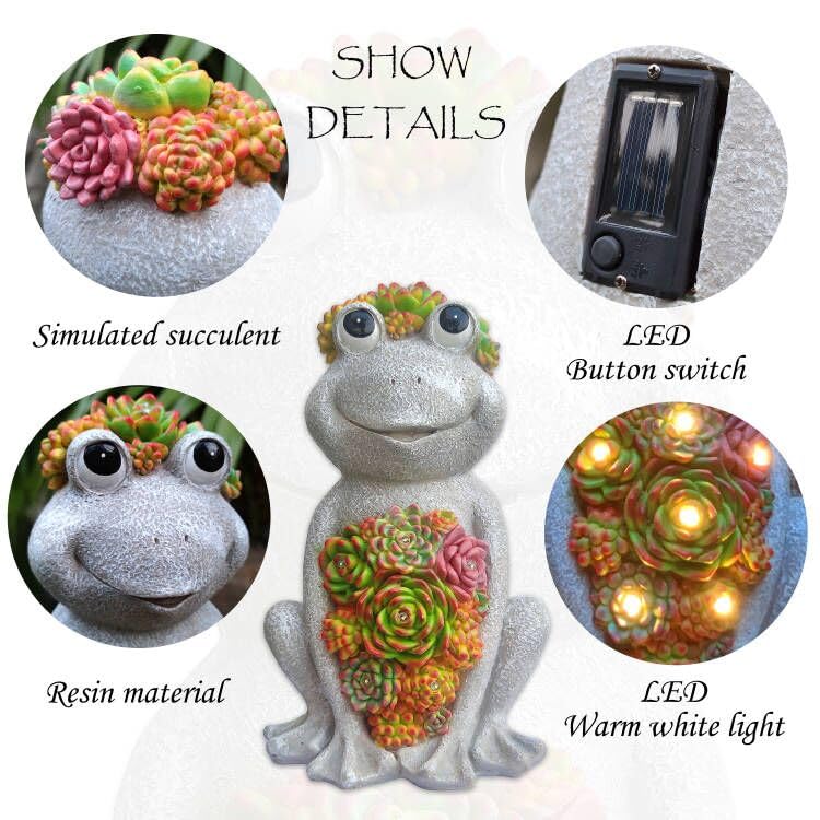 VIOYOUNS Large Frog Solar Garden Outdoor Statues with Succulent and 8 LED Lights,Outside Solar Frog Art Decor for Lawn,Yard, Balcony Ornament - Image 5
