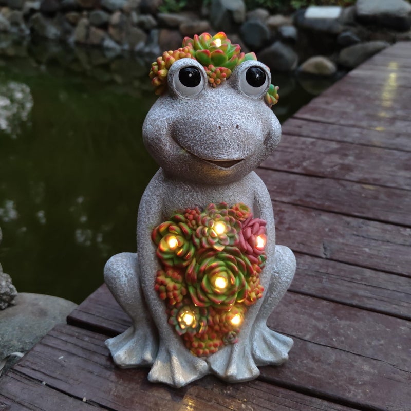 VIOYOUNS Large Frog Solar Garden Outdoor Statues with Succulent and 8 LED Lights,Outside Solar Frog Art Decor for Lawn,Yard, Balcony Ornament - Image 4