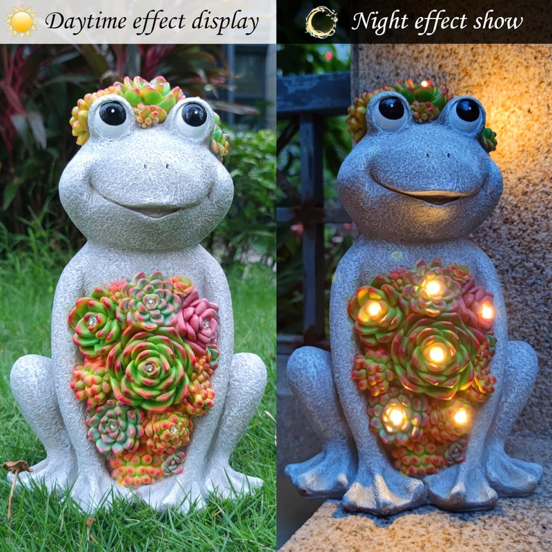 VIOYOUNS Large Frog Solar Garden Outdoor Statues with Succulent and 8 LED Lights,Outside Solar Frog Art Decor for Lawn,Yard, Balcony Ornament - Image 2