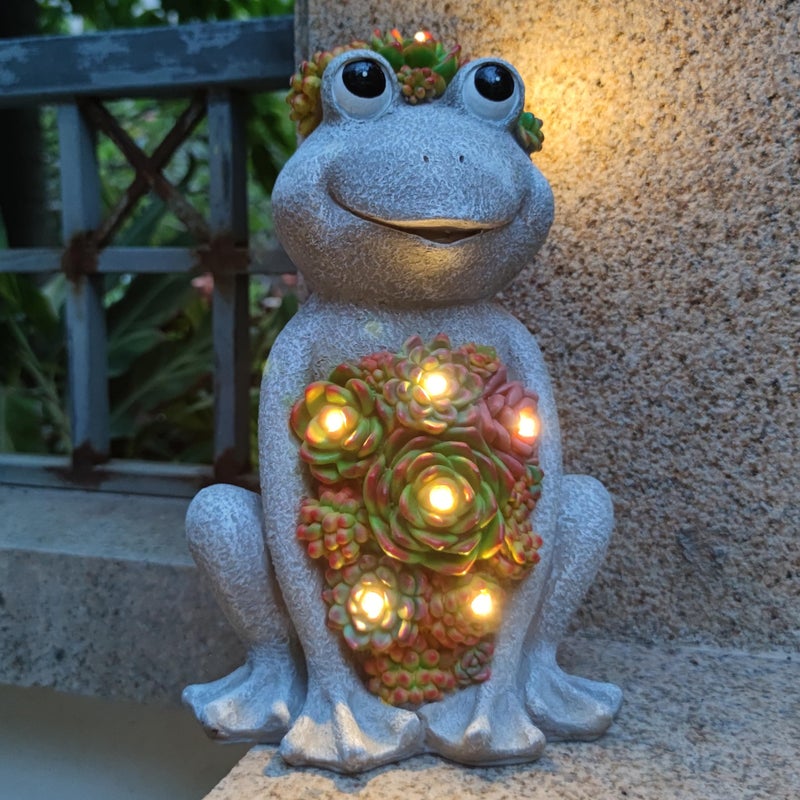 VIOYOUNS Large Frog Solar Garden Outdoor Statues with Succulent and 8 LED Lights,Outside Solar Frog Art Decor for Lawn,Yard, Balcony Ornament - Image 1