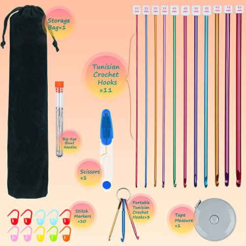 Aeelike 35pcs Tunisian Crochet Hook Set, 11pcs Aluminum Crochet Hooks B-L Afghan Long Needles Crocheting Set with Drawstring Bag Accessories - Image 2