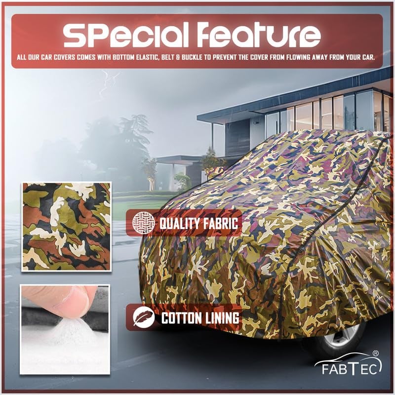 FABTEC Car Body Cover for Maruti Celerio Jungle Print with Soft Cotton Lining Waterproof Car Cover UV & Rain Protection with Mirror Pocket Bottom Elastic (Military/Camouflage Pattern) - Image 3
