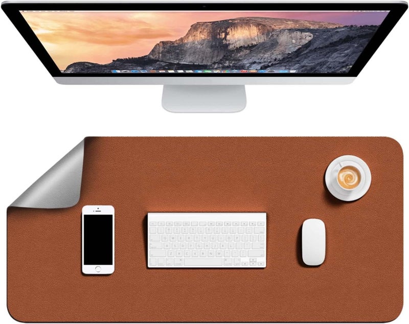 Hsurbtra Dual Sided Leather Desk Pad, 31.5" x 15.7" Desk Blotter Protector, Extended XXL Mouse Pad, Large Laptop Desk Mat PC Keyboard Mat, Ultra Thin Desk Writing Pad for Office Home, Brown & Silver - Image 1