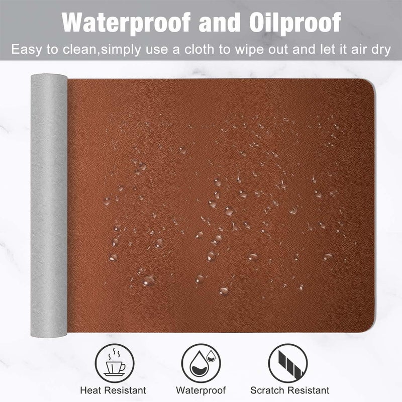 Hsurbtra Dual Sided Leather Desk Pad, 31.5" x 15.7" Desk Blotter Protector, Extended XXL Mouse Pad, Large Laptop Desk Mat PC Keyboard Mat, Ultra Thin Desk Writing Pad for Office Home, Brown & Silver - Image 5