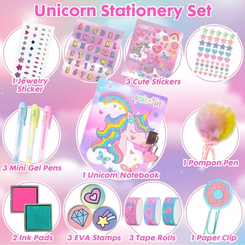 YOYTOO Unicorn Gifts for Girls 5 6 7 8 9 10-12 Years Old, Kids Unicorn Stationery Set with Secret Diary, Stamps, Pens, Journal Notebook Birthday Gifts for Little Girls - Image 3
