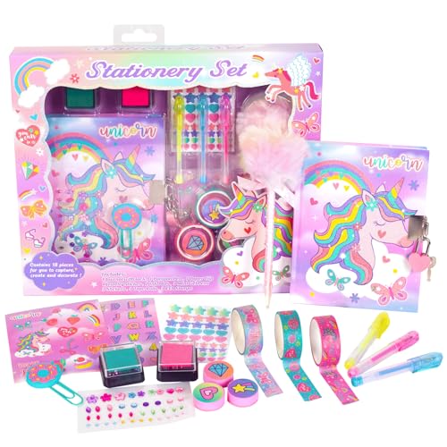 YOYTOO Unicorn Gifts for Girls 5 6 7 8 9 10-12 Years Old, Kids Unicorn Stationery Set with Secret Diary, Stamps, Pens, Journal Notebook Birthday Gifts for Little Girls - Image 1