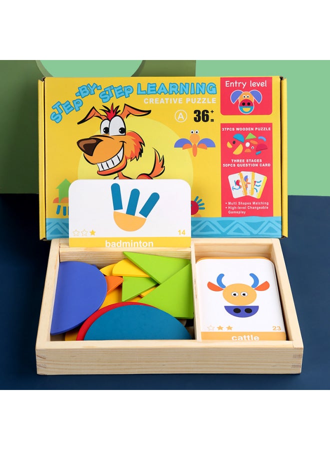 Creative Interesting Geometric Puzzle Early Childhood Education Cartoon Animal Traffic Shape Tangram Puzzle Wooden Toy-Color:Geometric Creative Puzzle A Yellow - Image 1