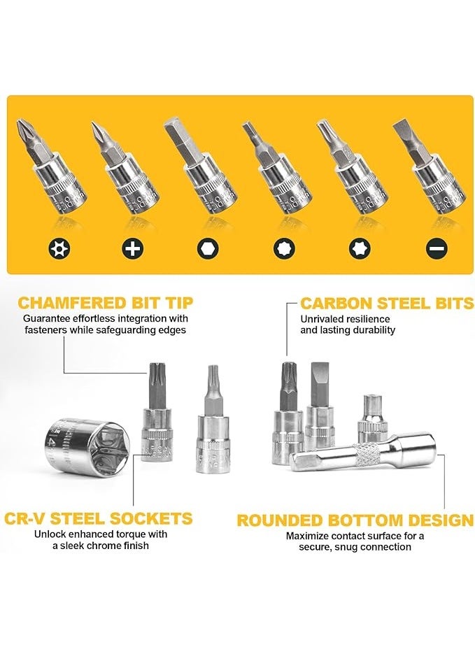 بتيمفم مجموعة مفاتيح ربط سقاطة 46 قطعة مقاس 1/4 بوصة مع مقابس وملحقات مترية، مثالية للسيارات والدراجات وإصلاحات الدراجات النارية والاستخدام المنزلي، تتضمن حقيبة تخزين (أسود) - Image 4