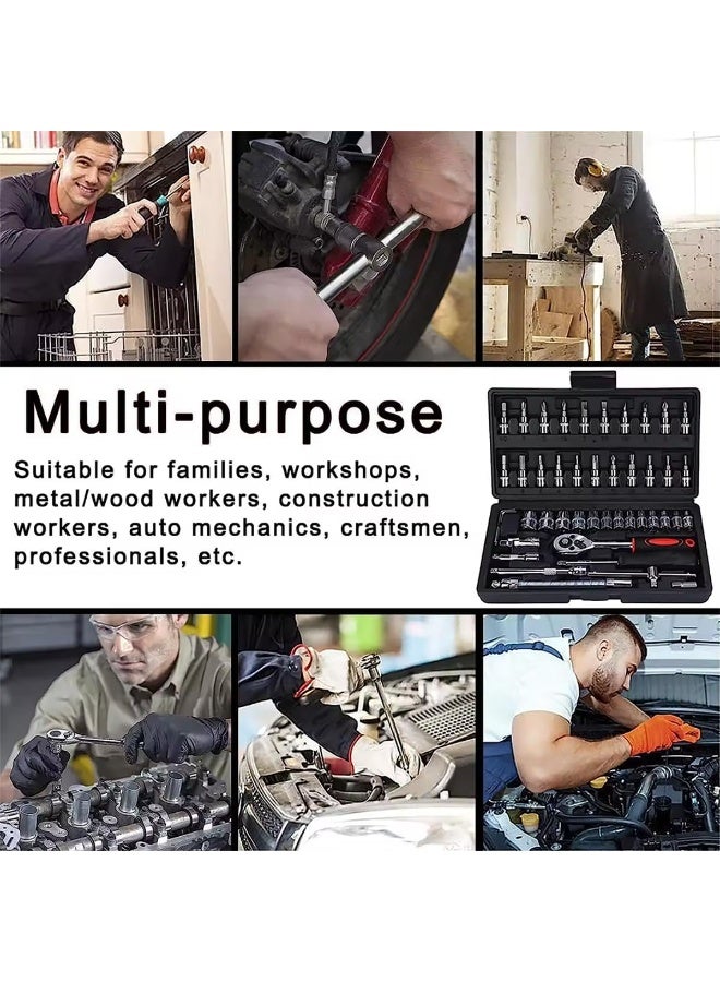بتيمفم مجموعة مفاتيح ربط سقاطة 46 قطعة مقاس 1/4 بوصة مع مقابس وملحقات مترية، مثالية للسيارات والدراجات وإصلاحات الدراجات النارية والاستخدام المنزلي، تتضمن حقيبة تخزين (أسود) - Image 2