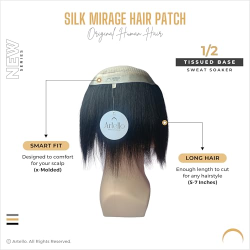 Artello® SILK MIRAGE Smart Hair Patch for Men, Softest Double Layer Hair Wig in 100% Natural Human Hair, Scalp Mesh for Soaking Sweat, ½ Tissued Base (Colour: Natural Black) (9x7) - Image 2