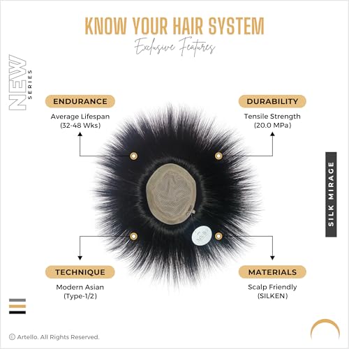 Artello® SILK MIRAGE Smart Hair Patch for Men, Softest Double Layer Hair Wig in 100% Natural Human Hair, Scalp Mesh for Soaking Sweat, ½ Tissued Base (Colour: Natural Black) (9x7) - Image 5